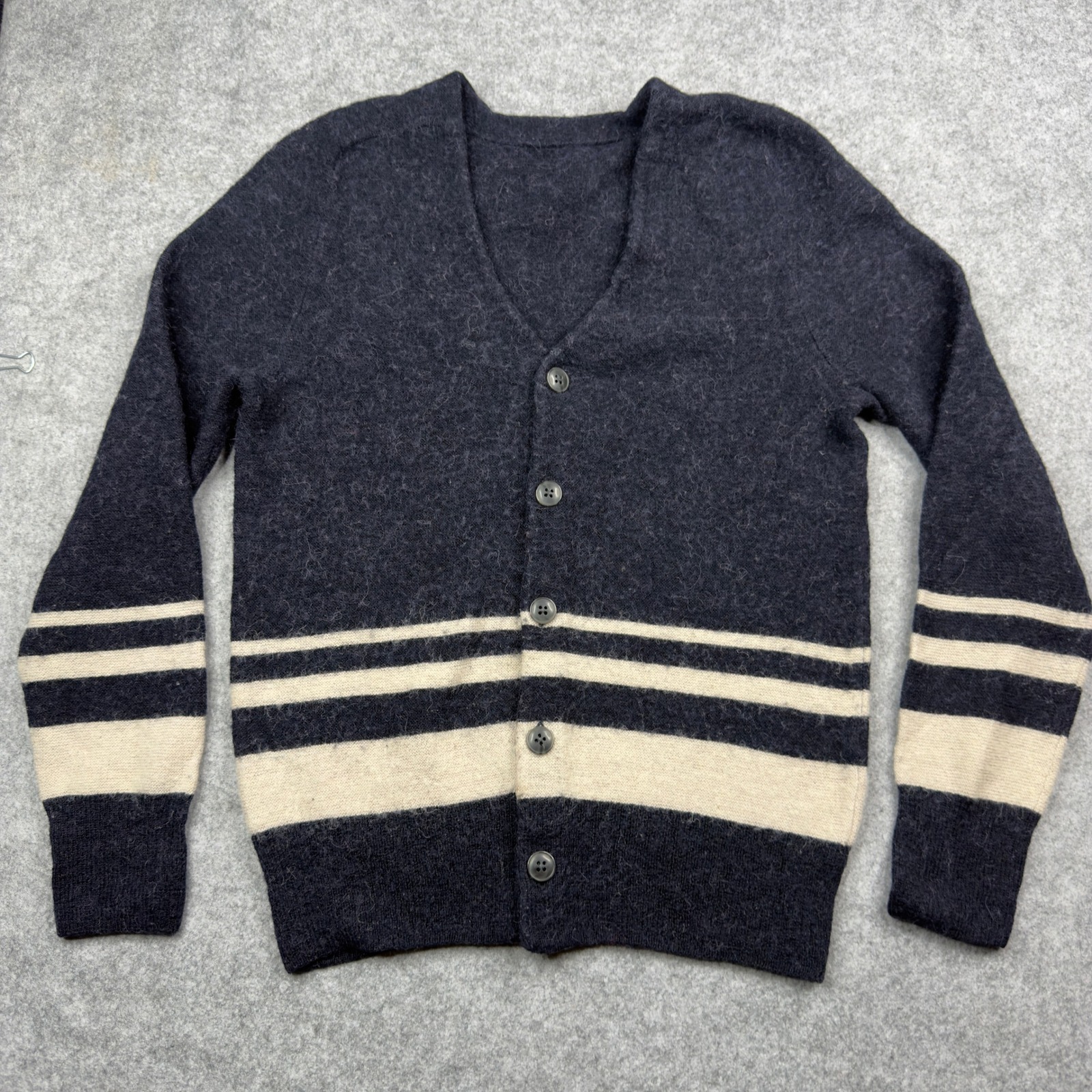 Vintage 60s Shaggy Mohair Blend Striped Cardigan Sweater Navy & Cream Small